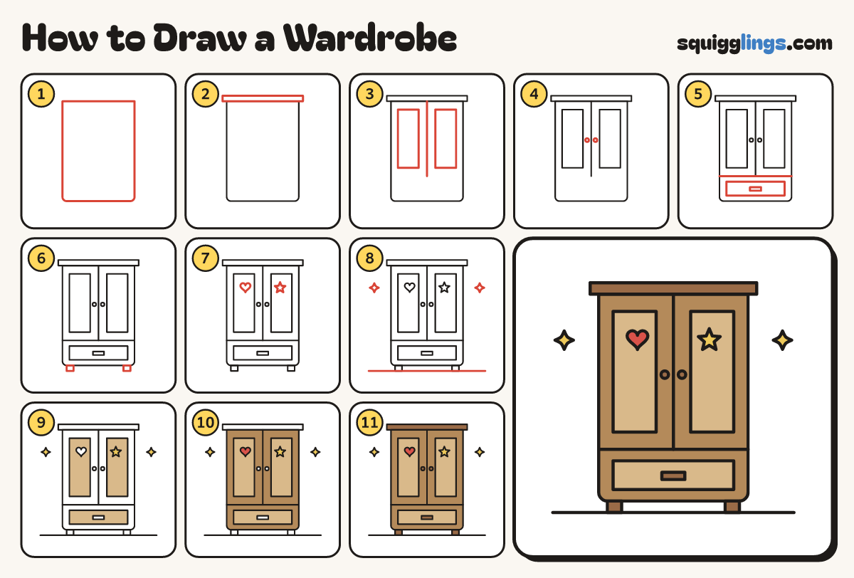 How to Draw a Wardrobe step by step: all 11 steps in one picture