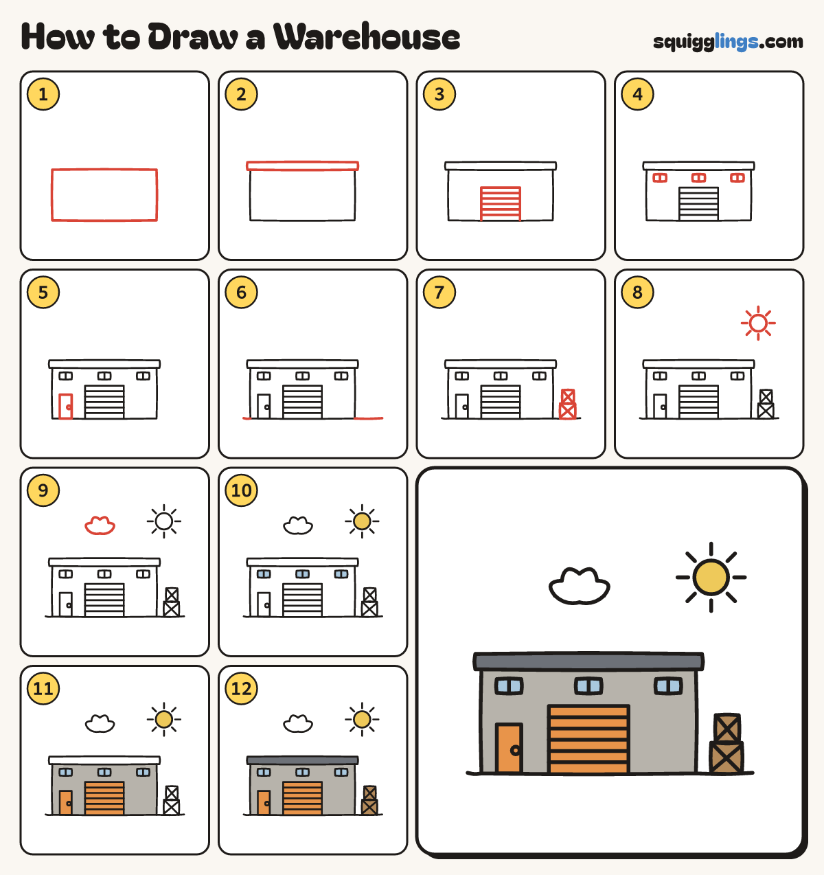 How to Draw a Warehouse step by step: all 12 steps in one picture