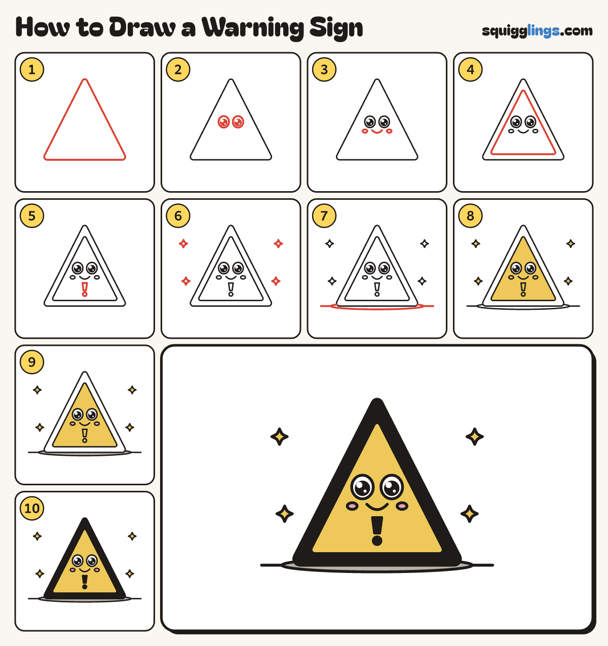 How to Draw a Warning Sign step by step: all 10 steps in one picture