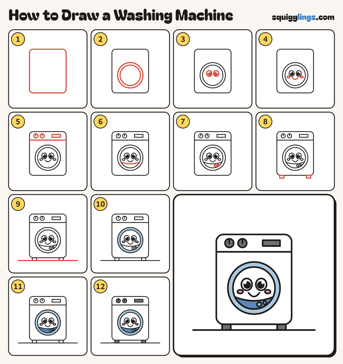 How to Draw a Washing Machine step by step: all 12 steps in one picture
