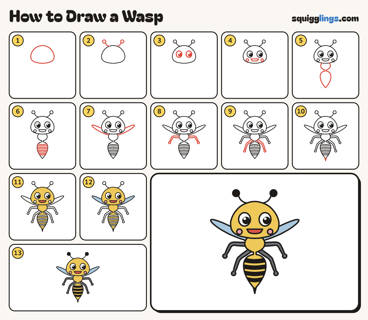 How to Draw a Wasp step by step: all 13 steps in one picture
