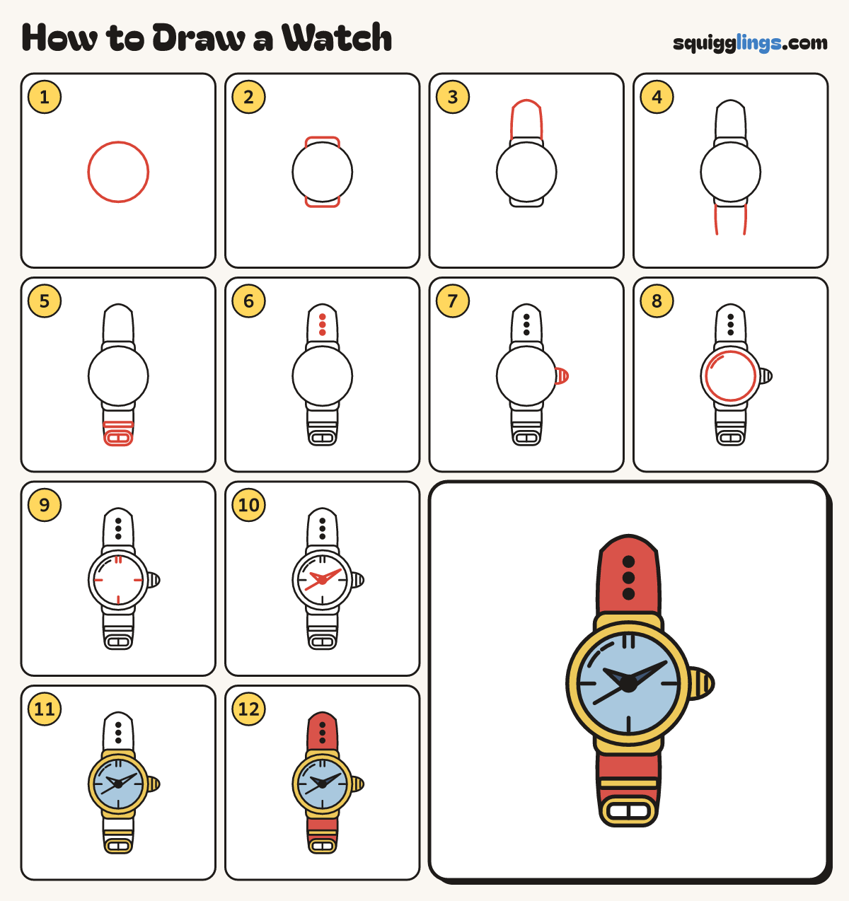 How to Draw a Watch step by step: all 12 steps in one picture