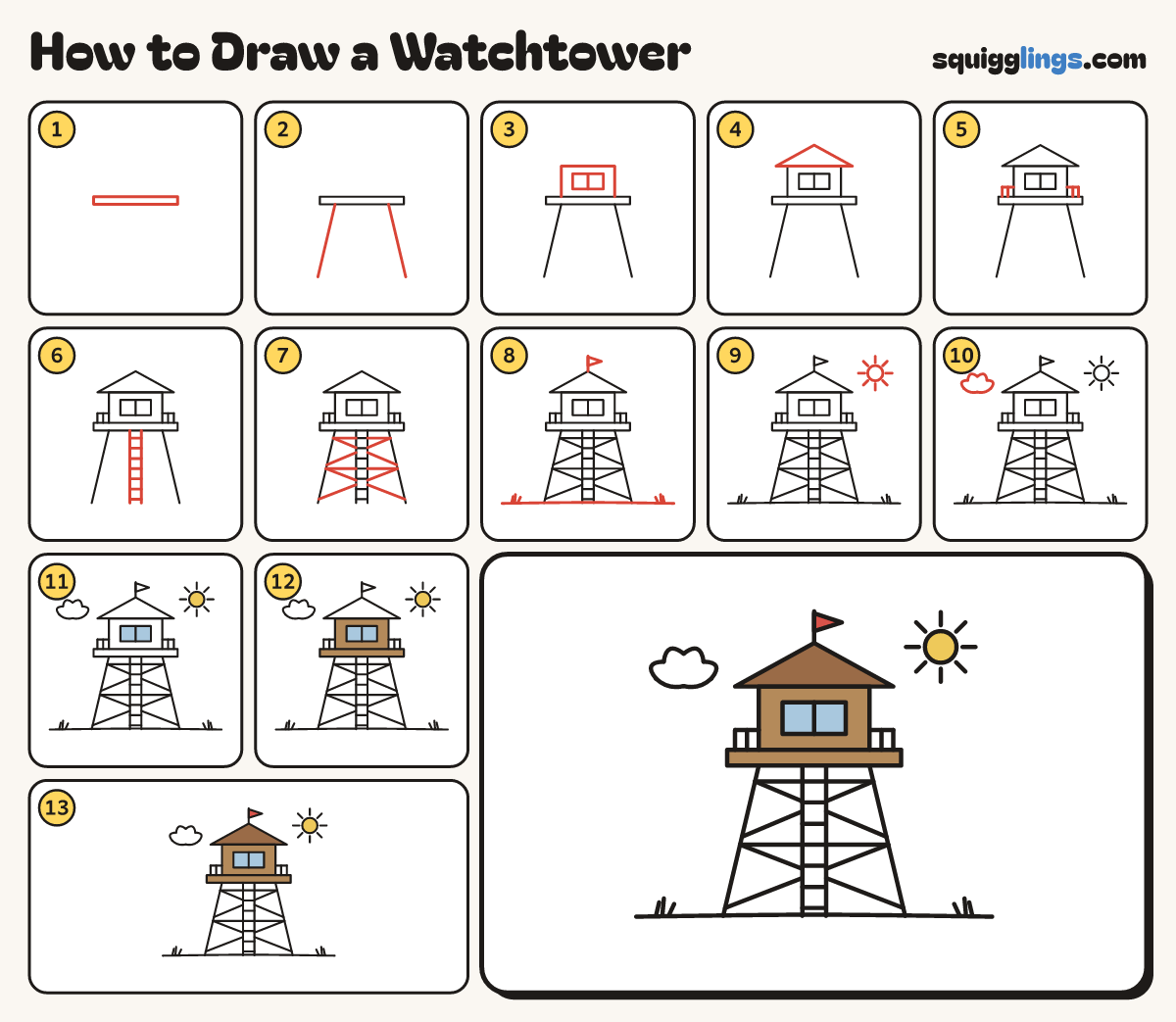 How to Draw a Watchtower step by step: all 13 steps in one picture