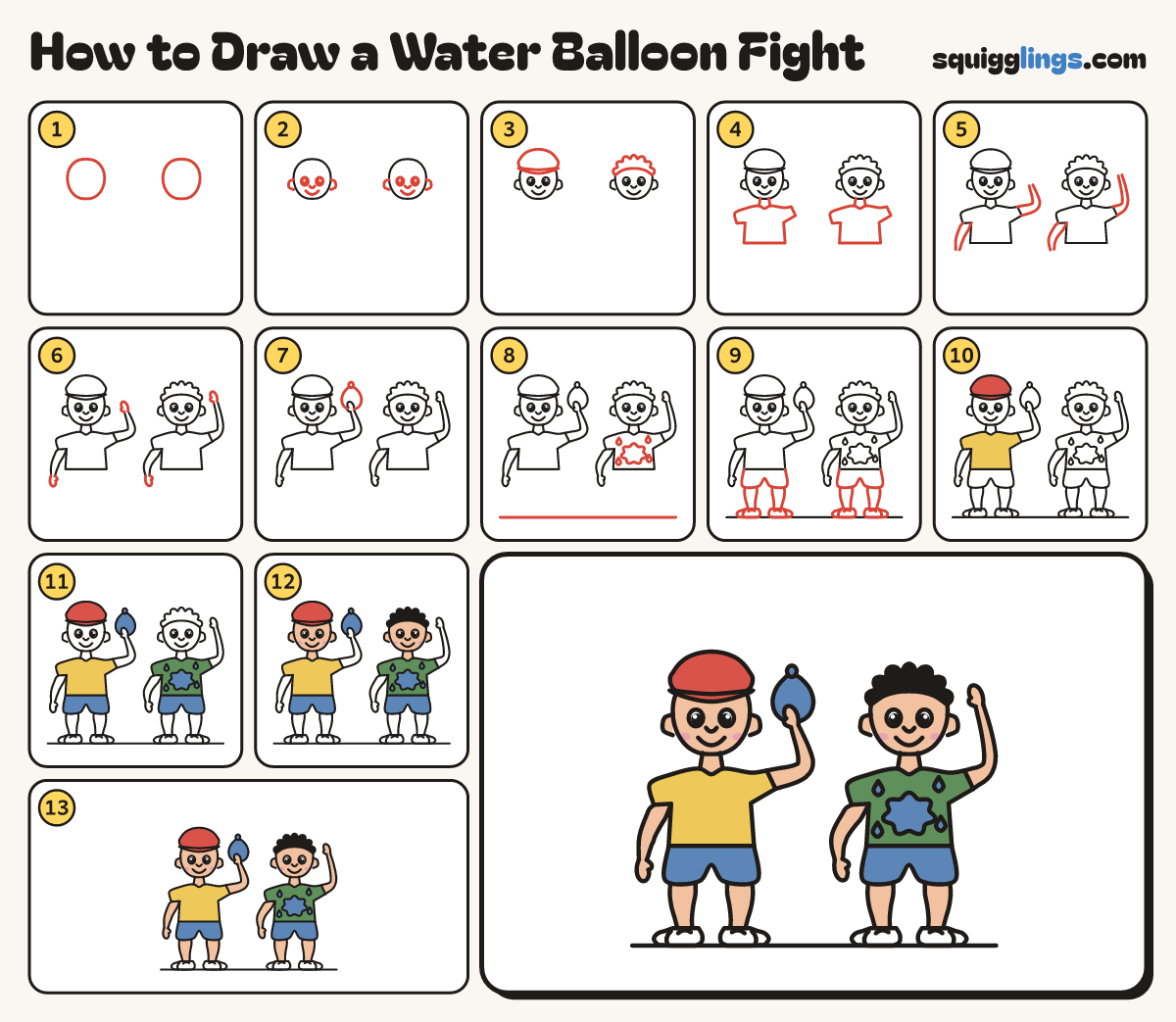 How to Draw a Water Balloon Fight step by step: all 13 steps in one picture