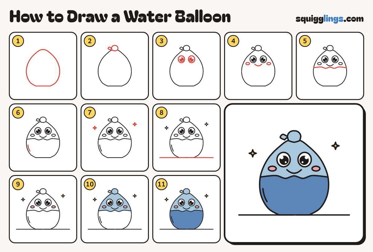 How to Draw a Water Balloon step by step: all 11 steps in one picture