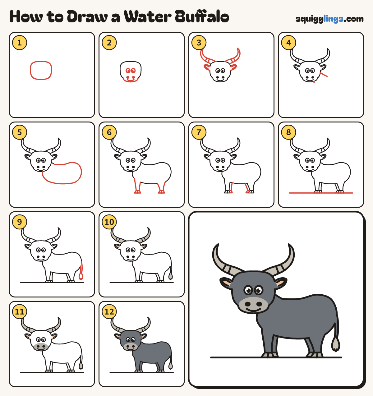 How to Draw a Water Buffalo step by step: all 12 steps in one picture