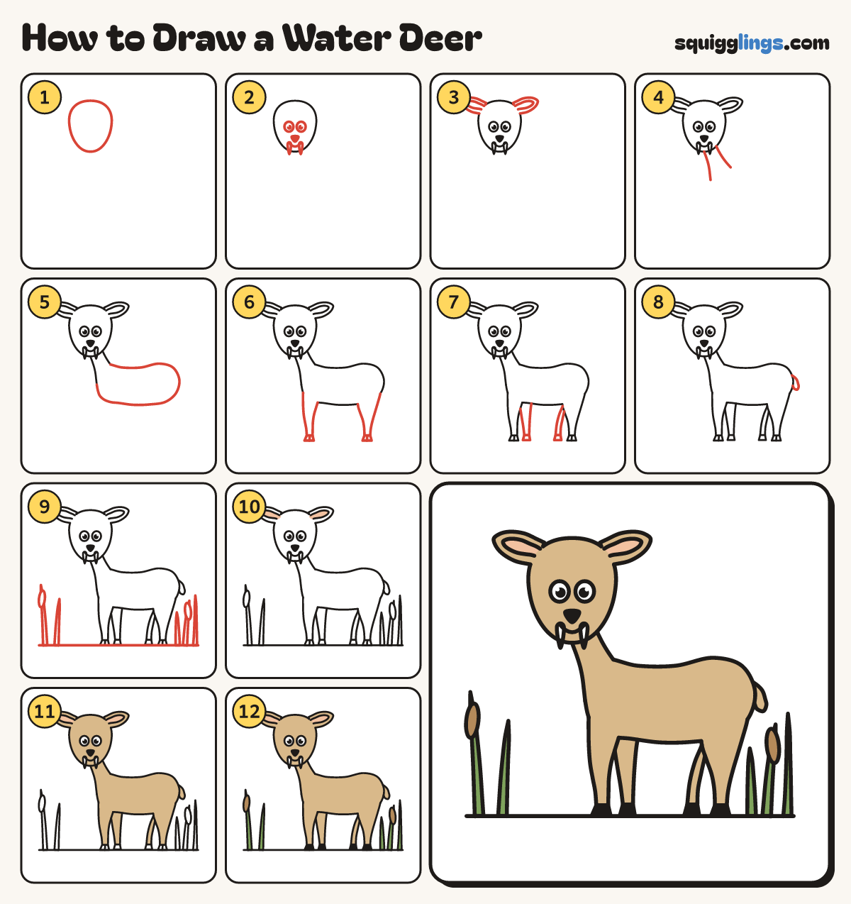 How to Draw a Water Deer step by step: all 12 steps in one picture