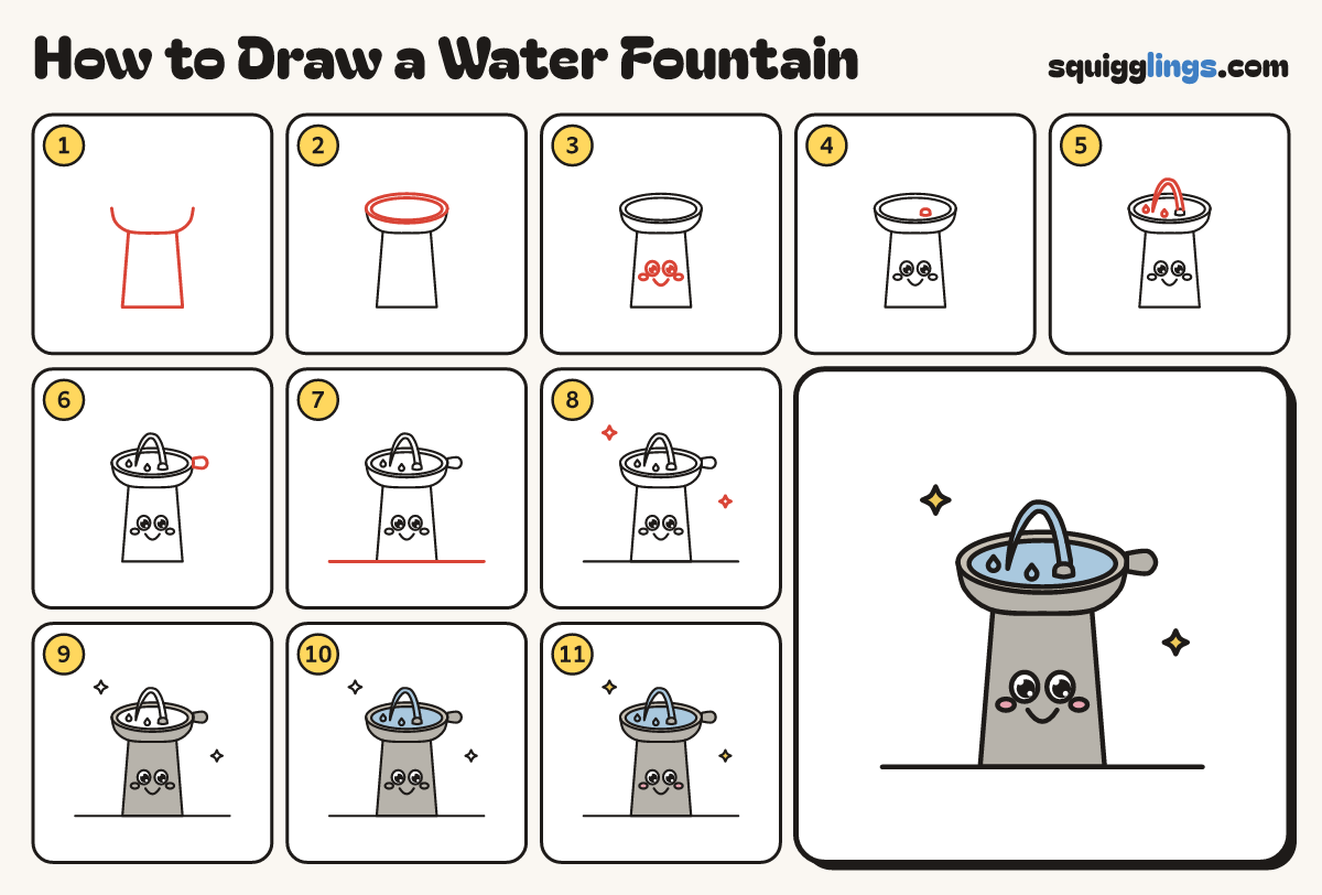 How to Draw a Water Fountain step by step: all 11 steps in one picture