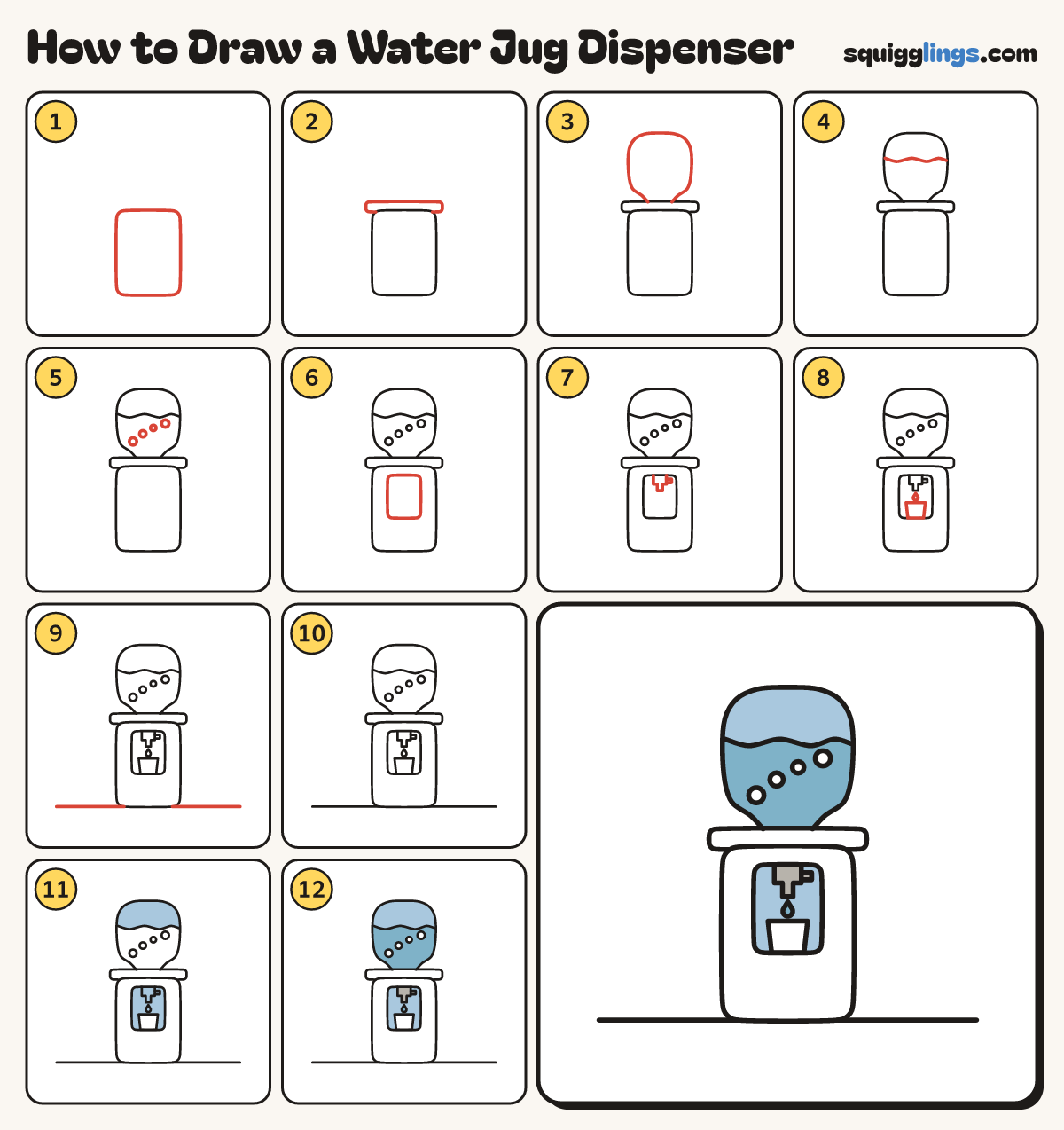 How to Draw a Water Jug Dispenser step by step: all 12 steps in one picture