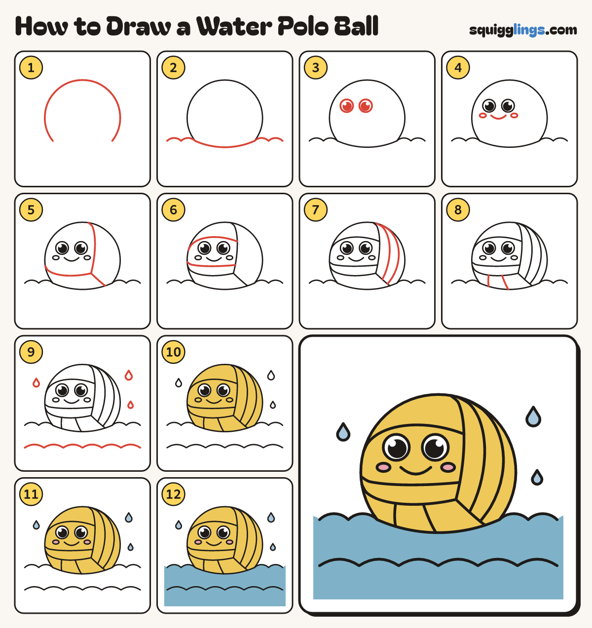 How to Draw a Water Polo Ball step by step: all 12 steps in one picture