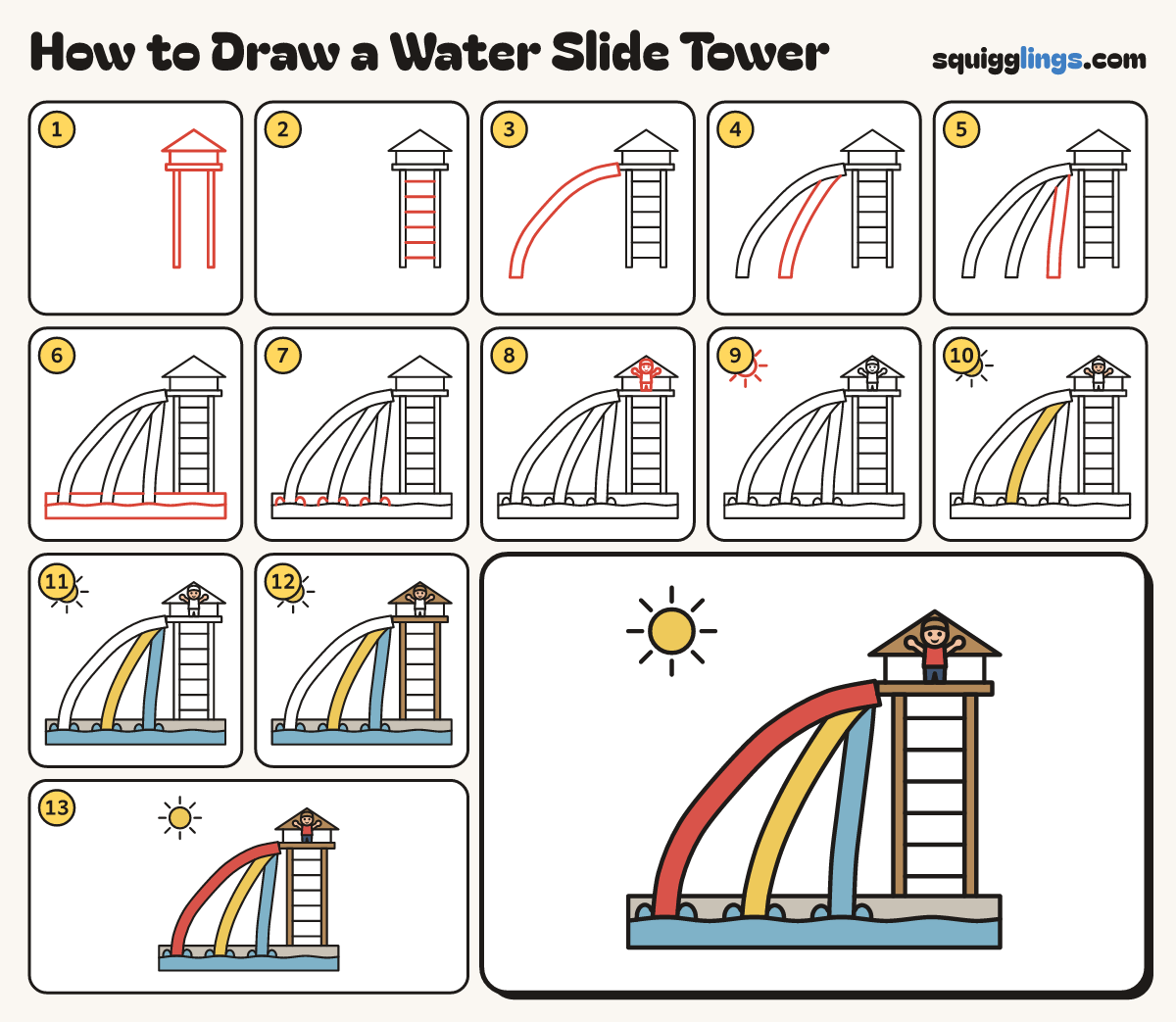 How to Draw a Water Slide Tower step by step: all 13 steps in one picture