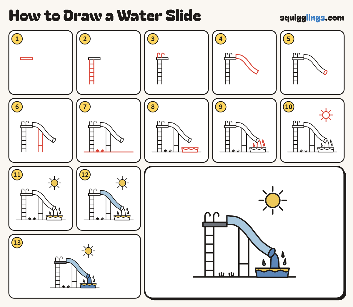 How to Draw a Water Slide step by step: all 13 steps in one picture