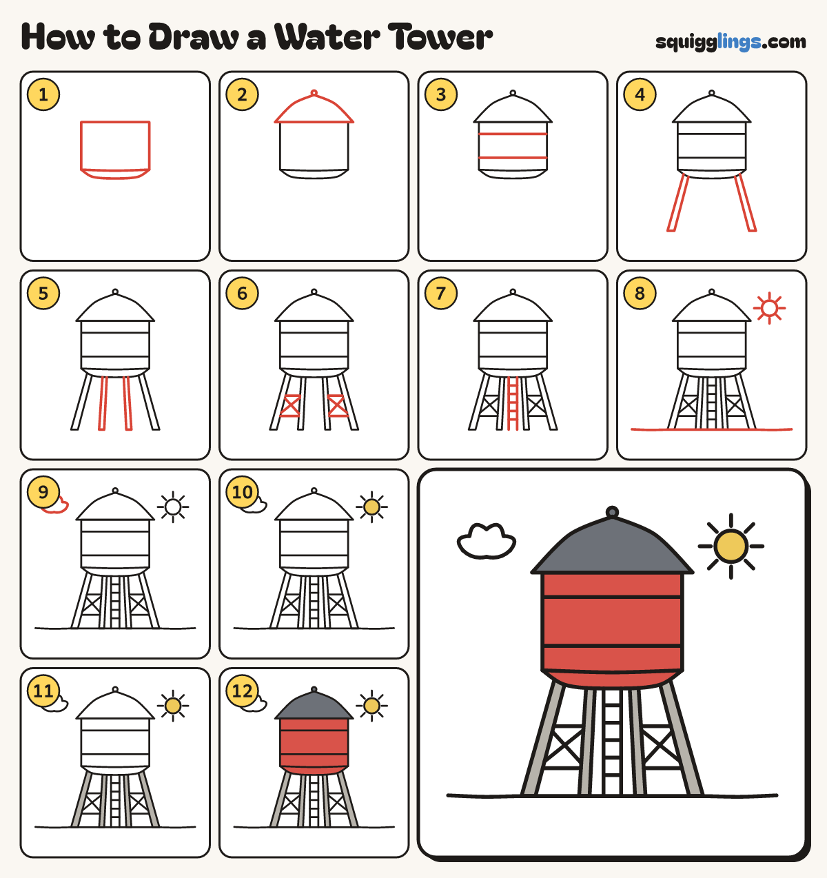 How to Draw a Water Tower step by step: all 12 steps in one picture