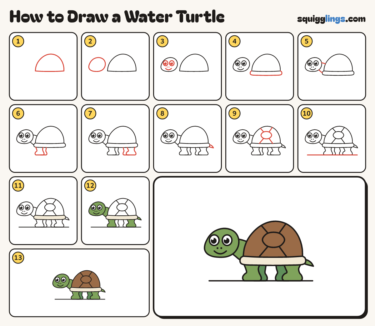 How to Draw a Water Turtle step by step: all 13 steps in one picture