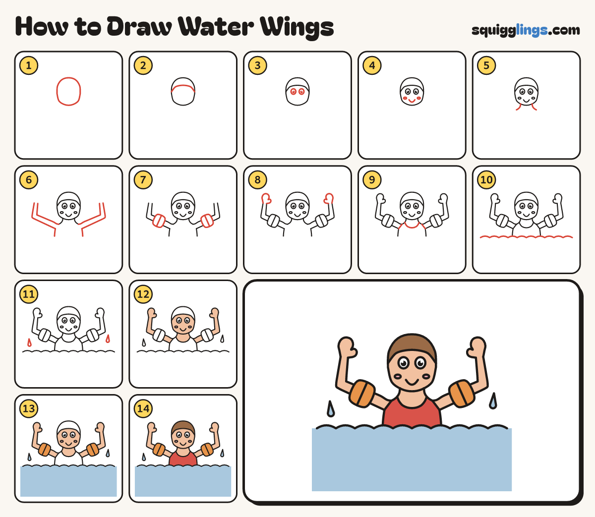 How to Draw Water Wings step by step: all 14 steps in one picture