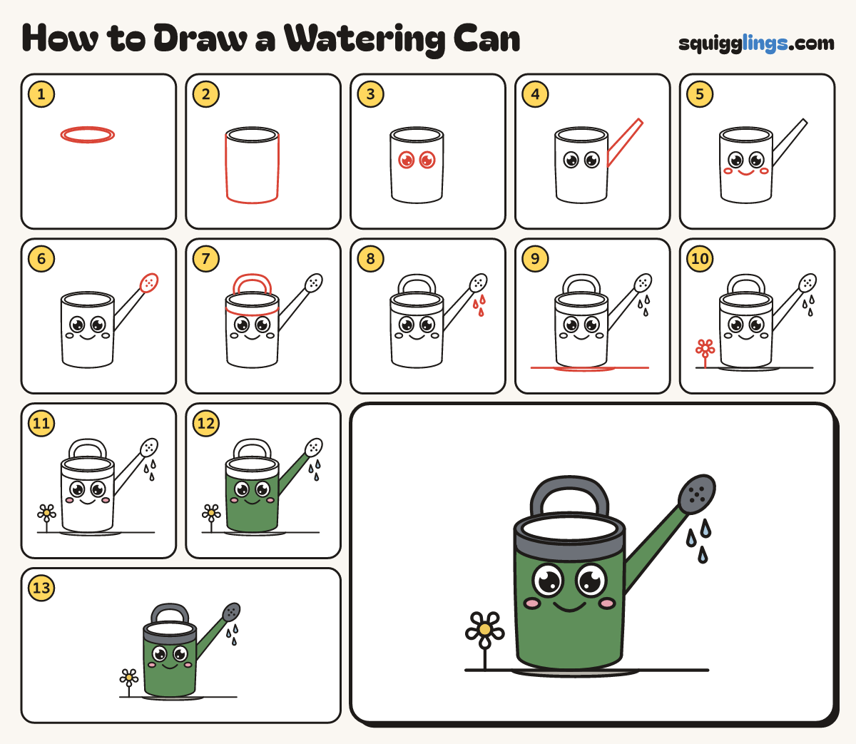 How to Draw a Watering Can step by step: all 13 steps in one picture