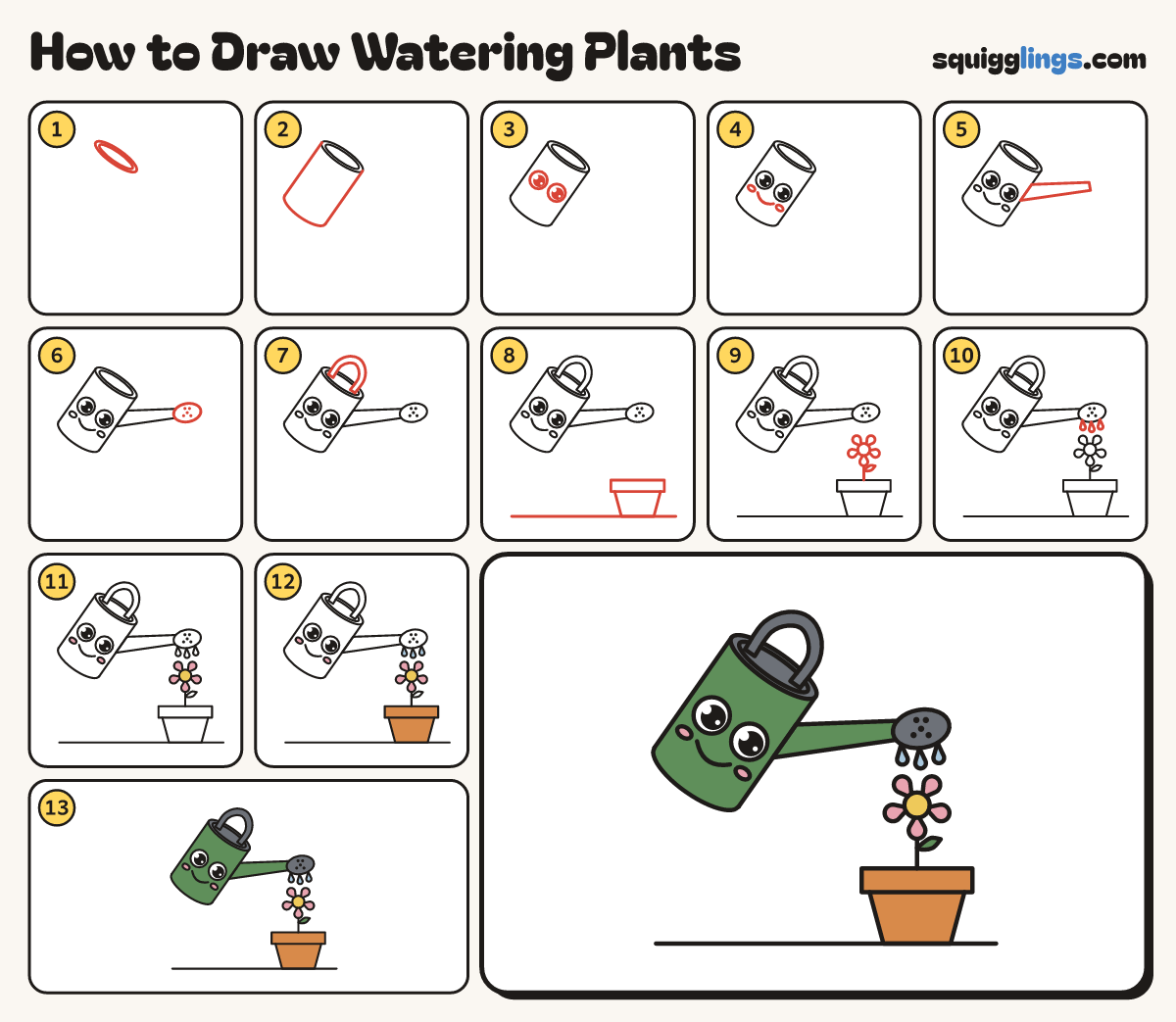 How to Draw Watering Plants step by step: all 13 steps in one picture