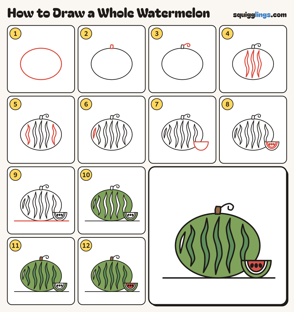 How to Draw a Whole Watermelon step by step: all 12 steps in one picture