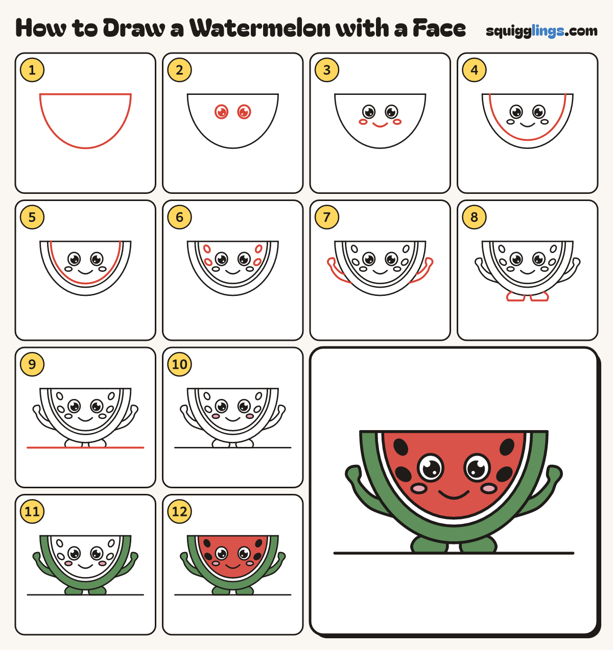 How to Draw a Watermelon with a Face step by step: all 12 steps in one picture