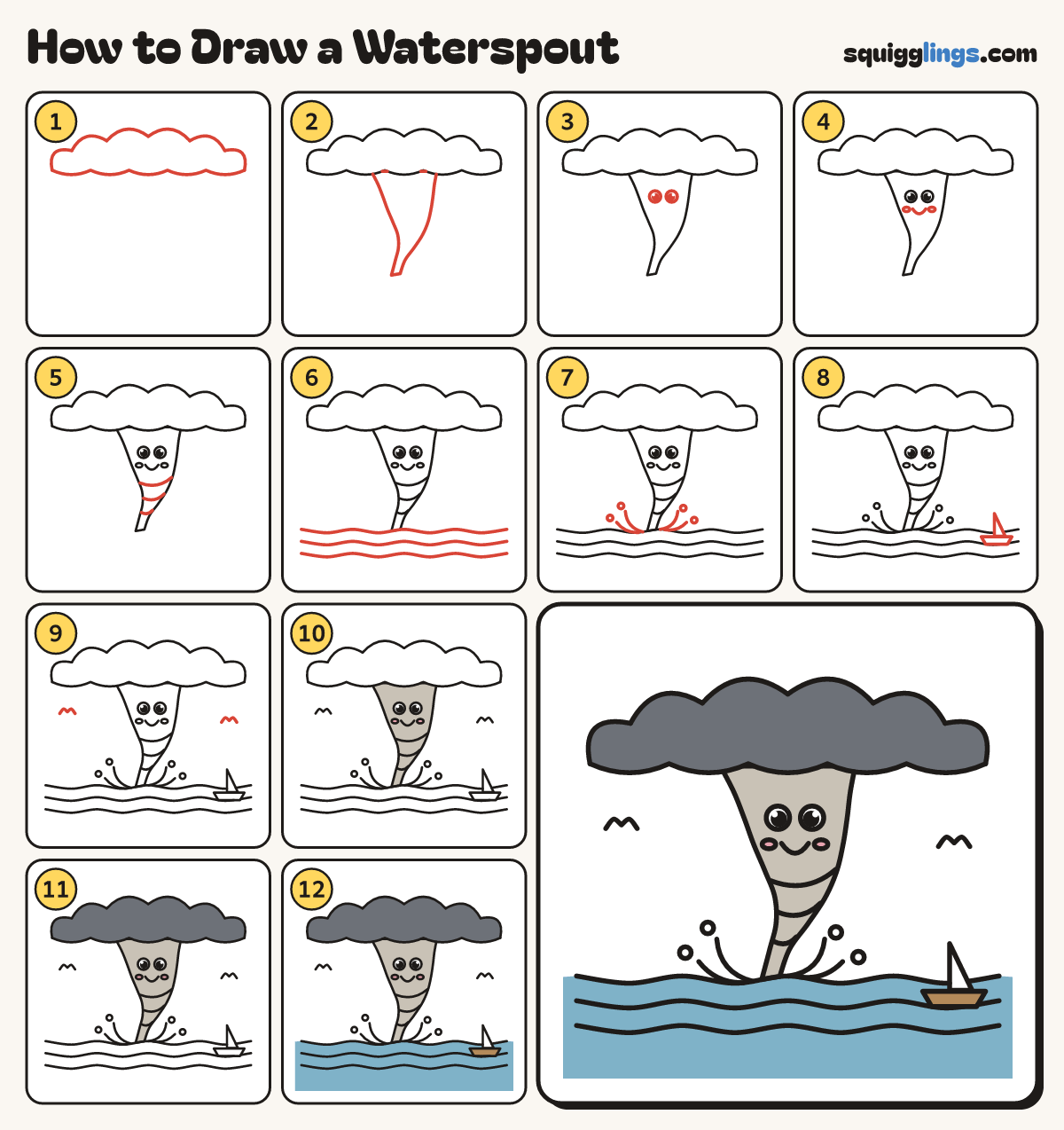 How to Draw a Waterspout step by step: all 12 steps in one picture