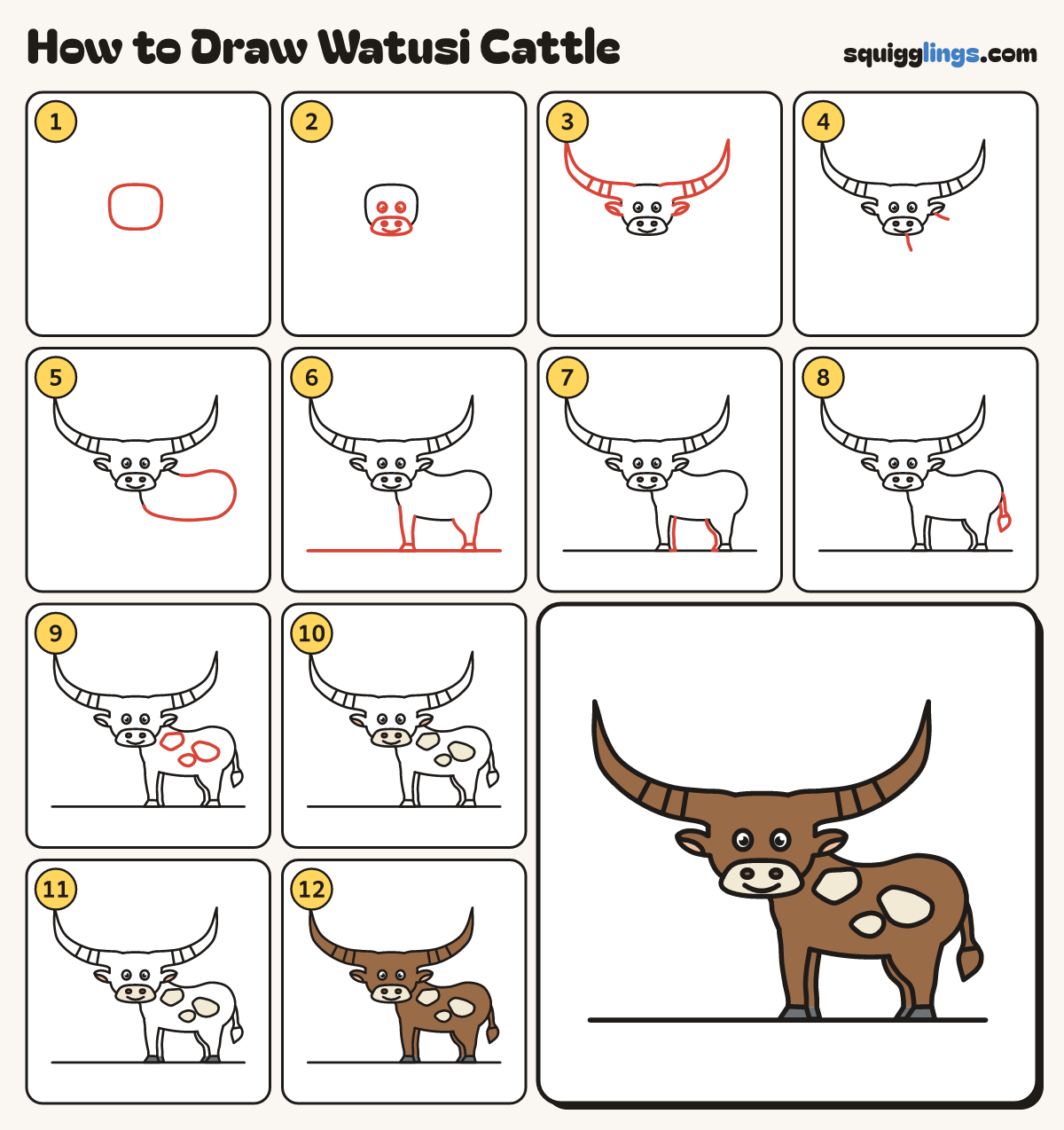 How to Draw Watusi Cattle step by step: all 12 steps in one picture