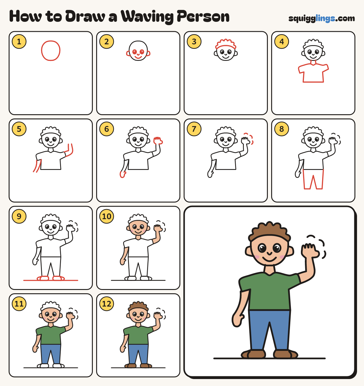 How to Draw a Waving Person step by step: all 12 steps in one picture