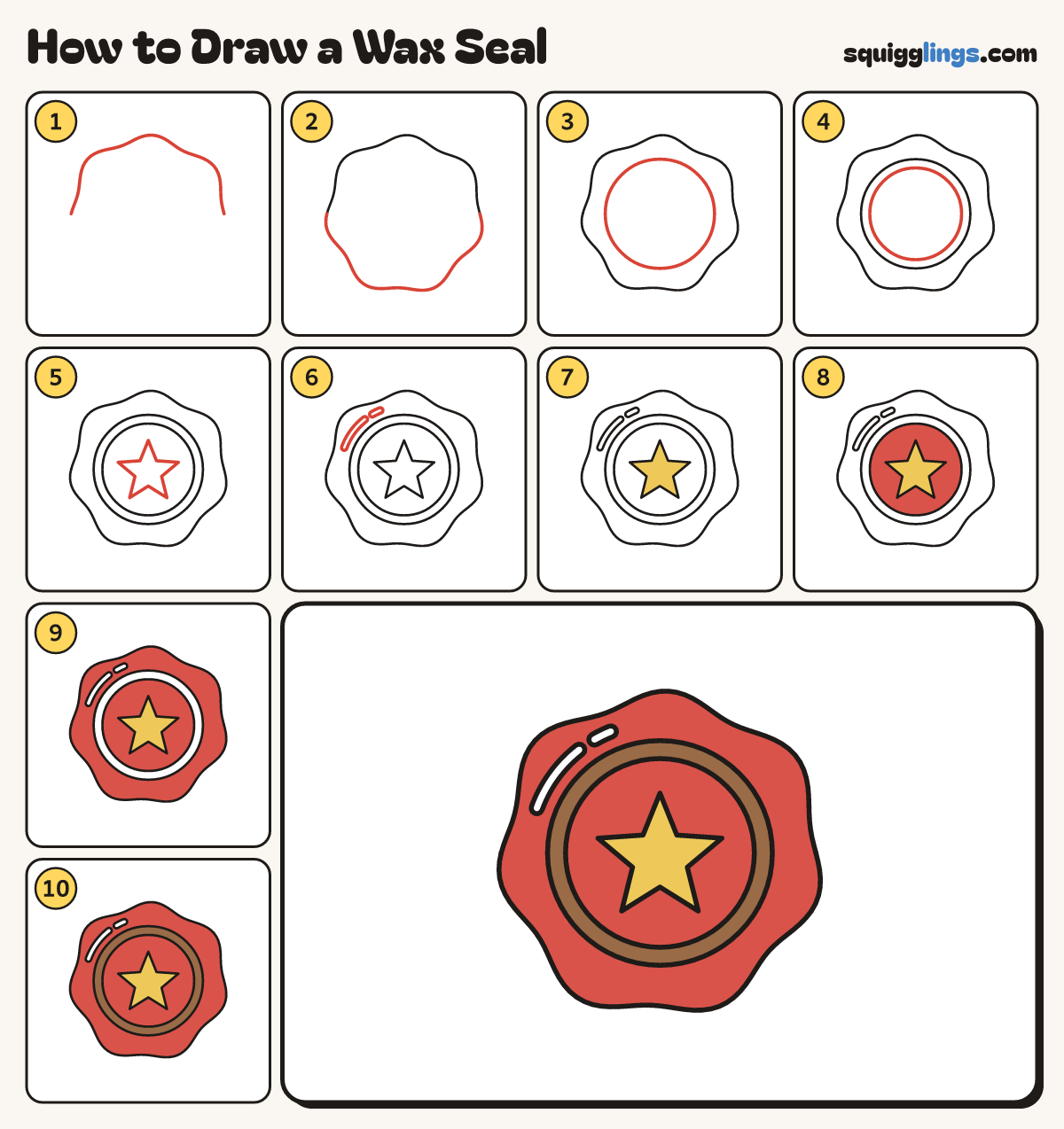 How to Draw a Wax Seal step by step: all 10 steps in one picture