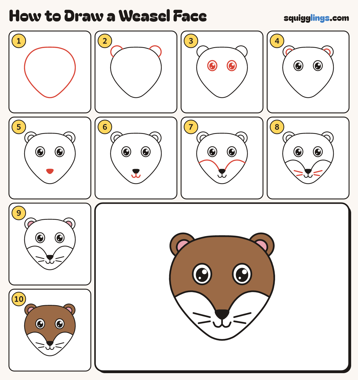 How to Draw a Weasel Face step by step: all 10 steps in one picture