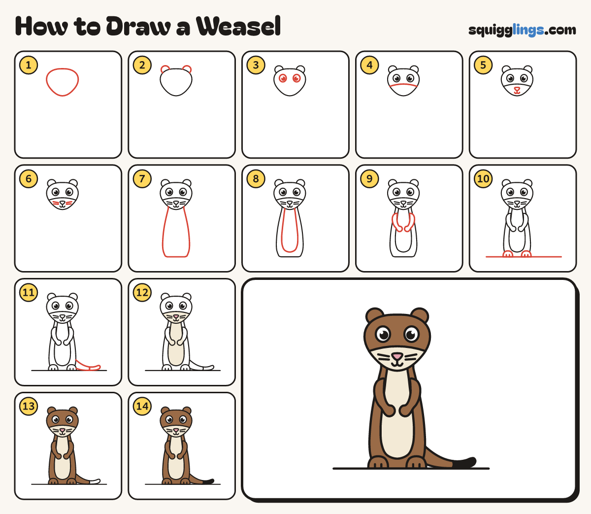 How to Draw a Weasel step by step: all 14 steps in one picture