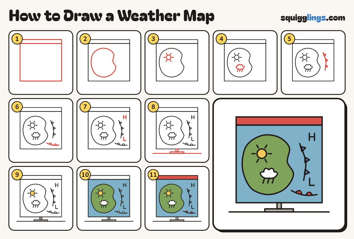 How to Draw a Weather Map step by step: all 11 steps in one picture