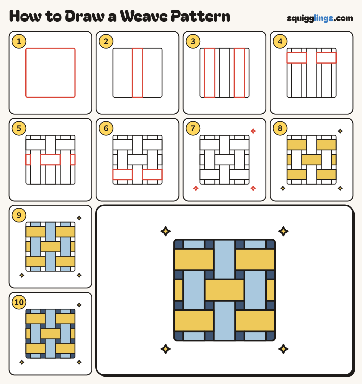 How to Draw a Weave Pattern step by step: all 10 steps in one picture