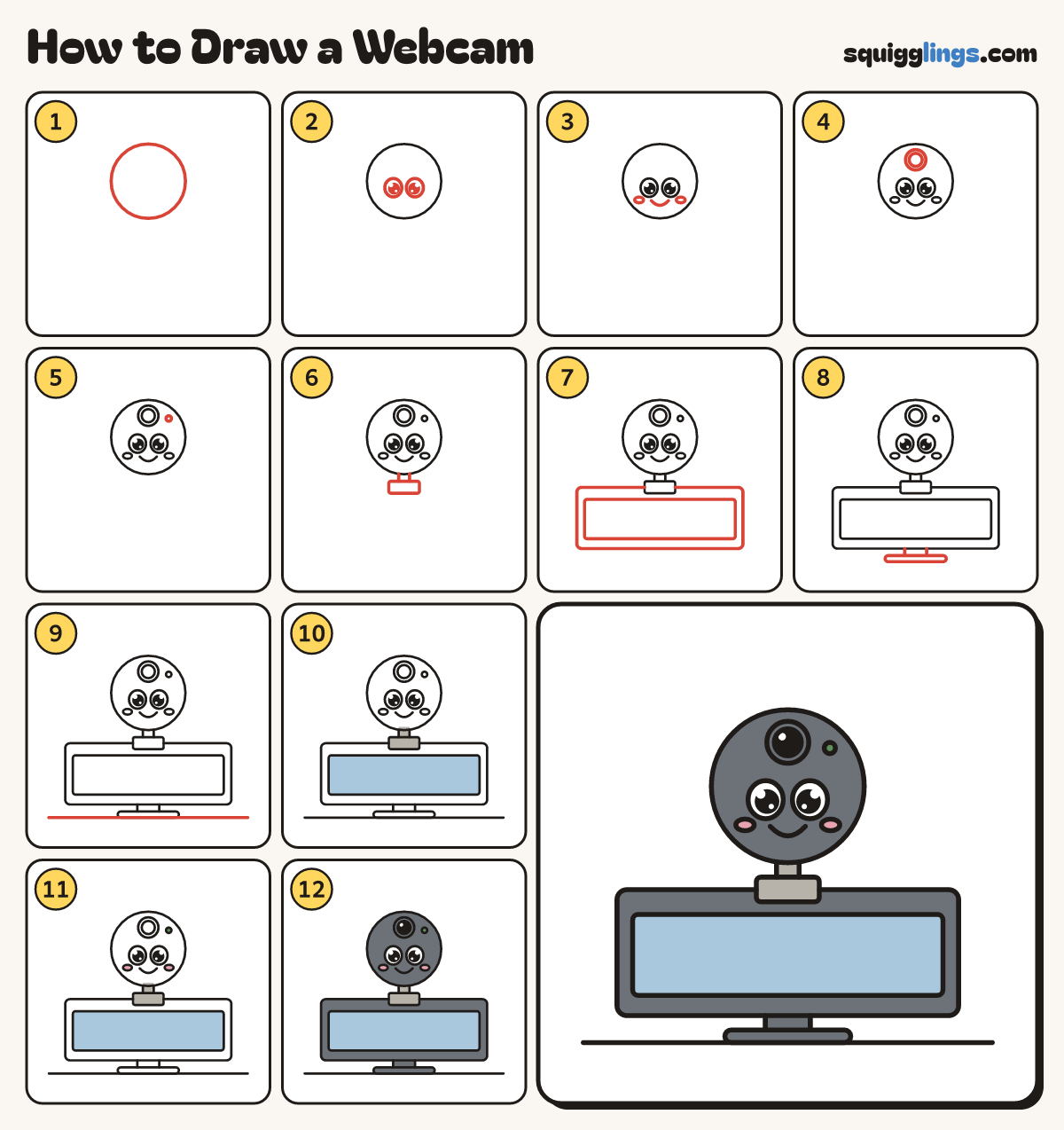 How to Draw a Webcam step by step: all 12 steps in one picture