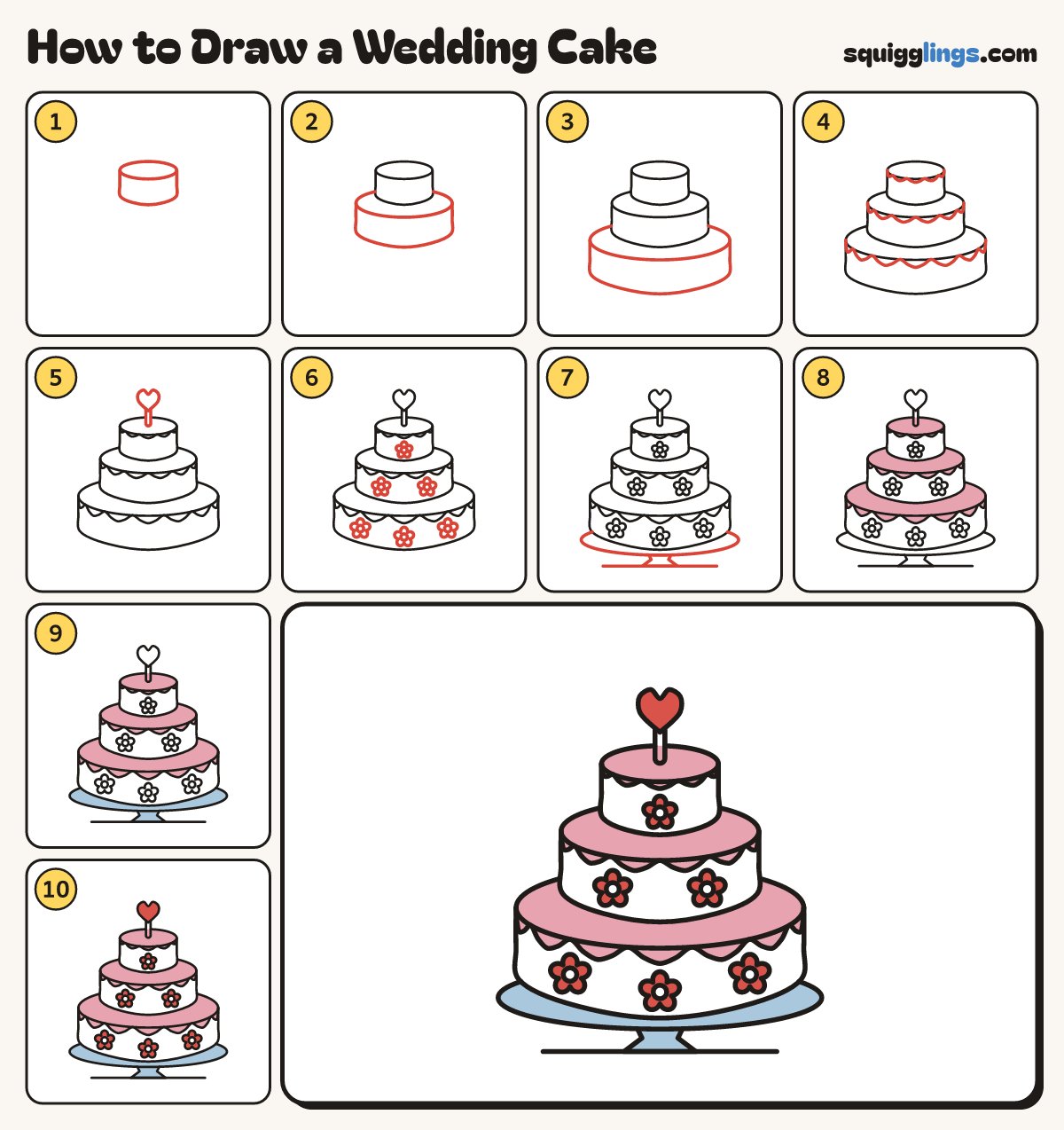 How to Draw a Wedding Cake step by step: all 10 steps in one picture