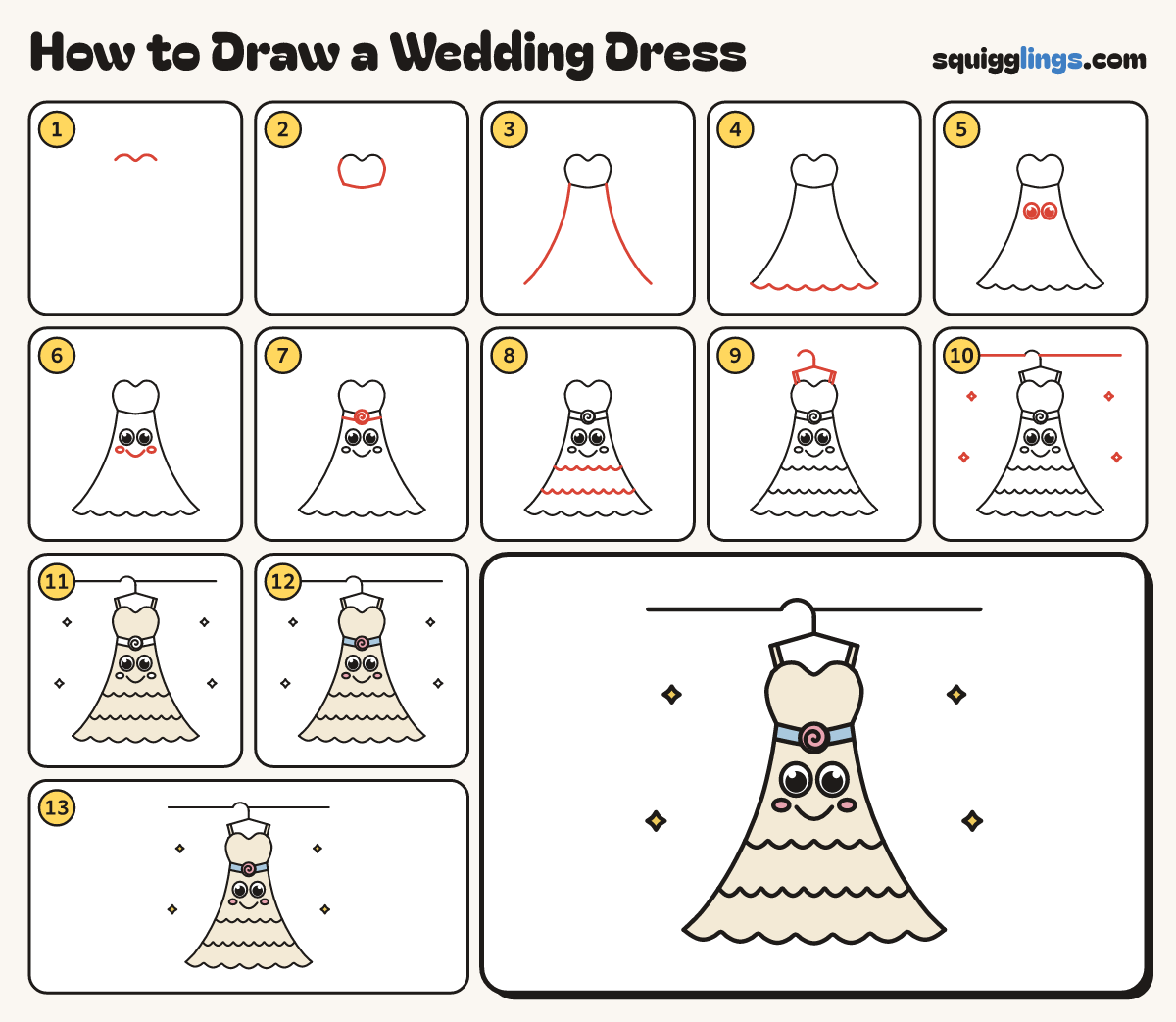How to Draw a Wedding Dress step by step: all 13 steps in one picture