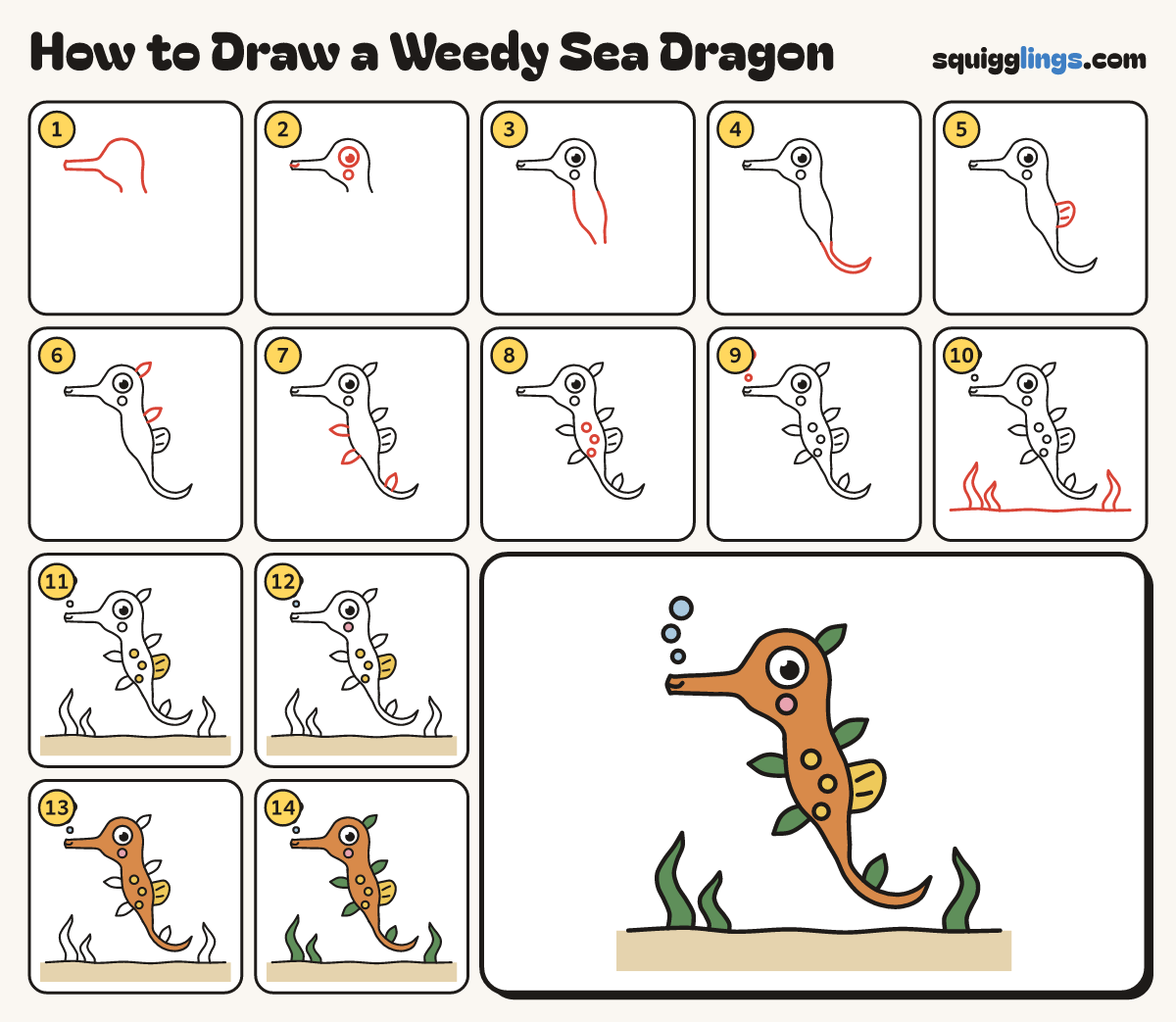 How to Draw a Weedy Sea Dragon step by step: all 14 steps in one picture