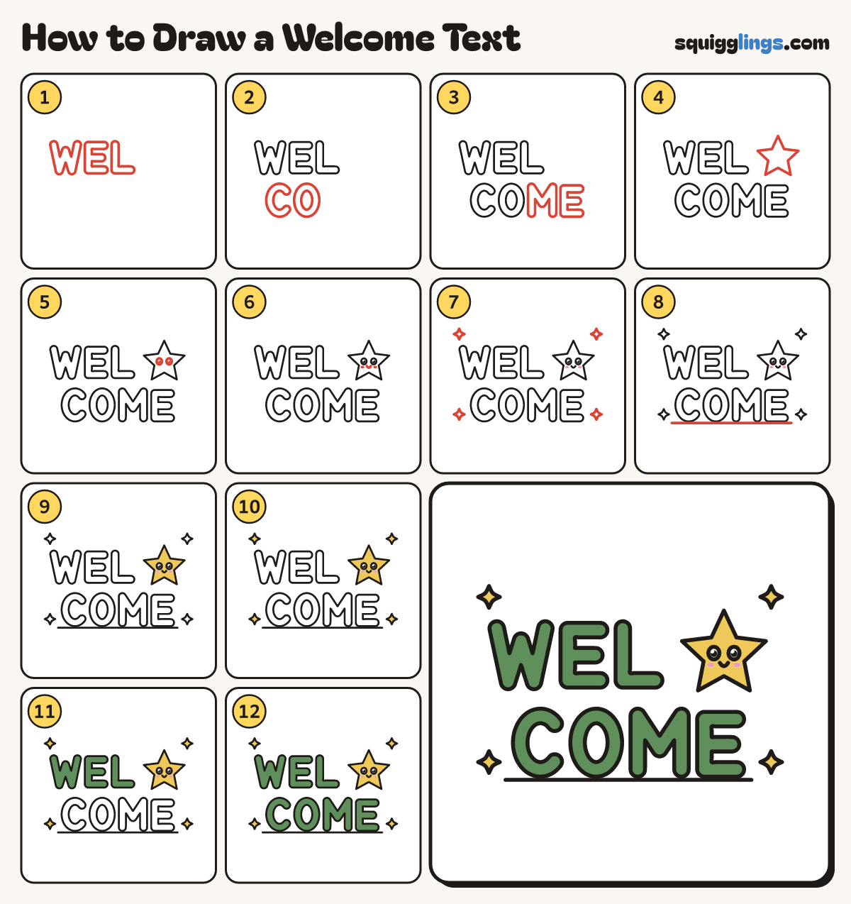 How to Draw a Welcome Text step by step: all 12 steps in one picture
