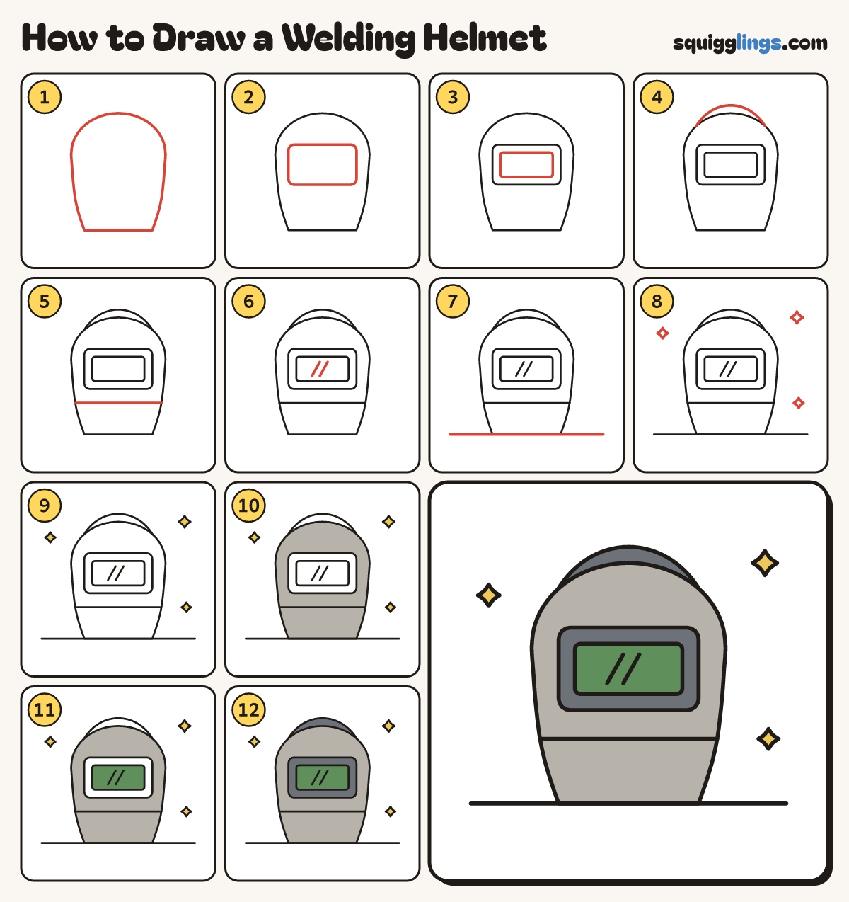 How to Draw a Welding Helmet step by step: all 12 steps in one picture