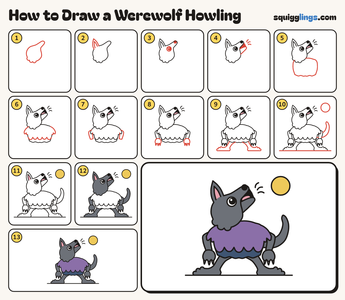 How to Draw a Werewolf Howling step by step: all 13 steps in one picture