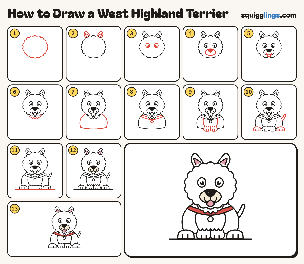 How to Draw a West Highland Terrier step by step: all 13 steps in one picture