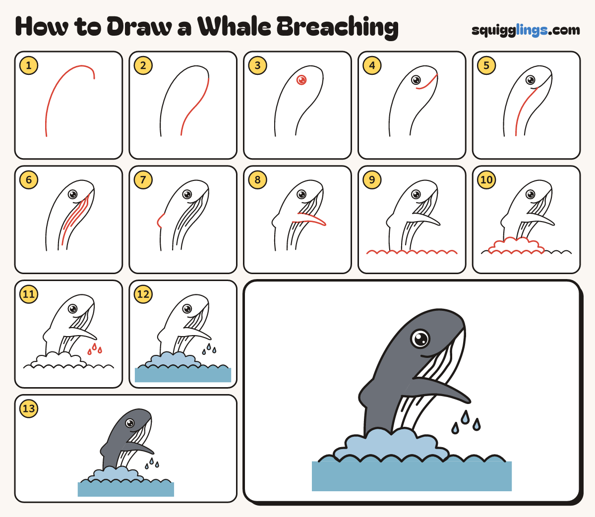 How to Draw a Whale Breaching step by step: all 13 steps in one picture