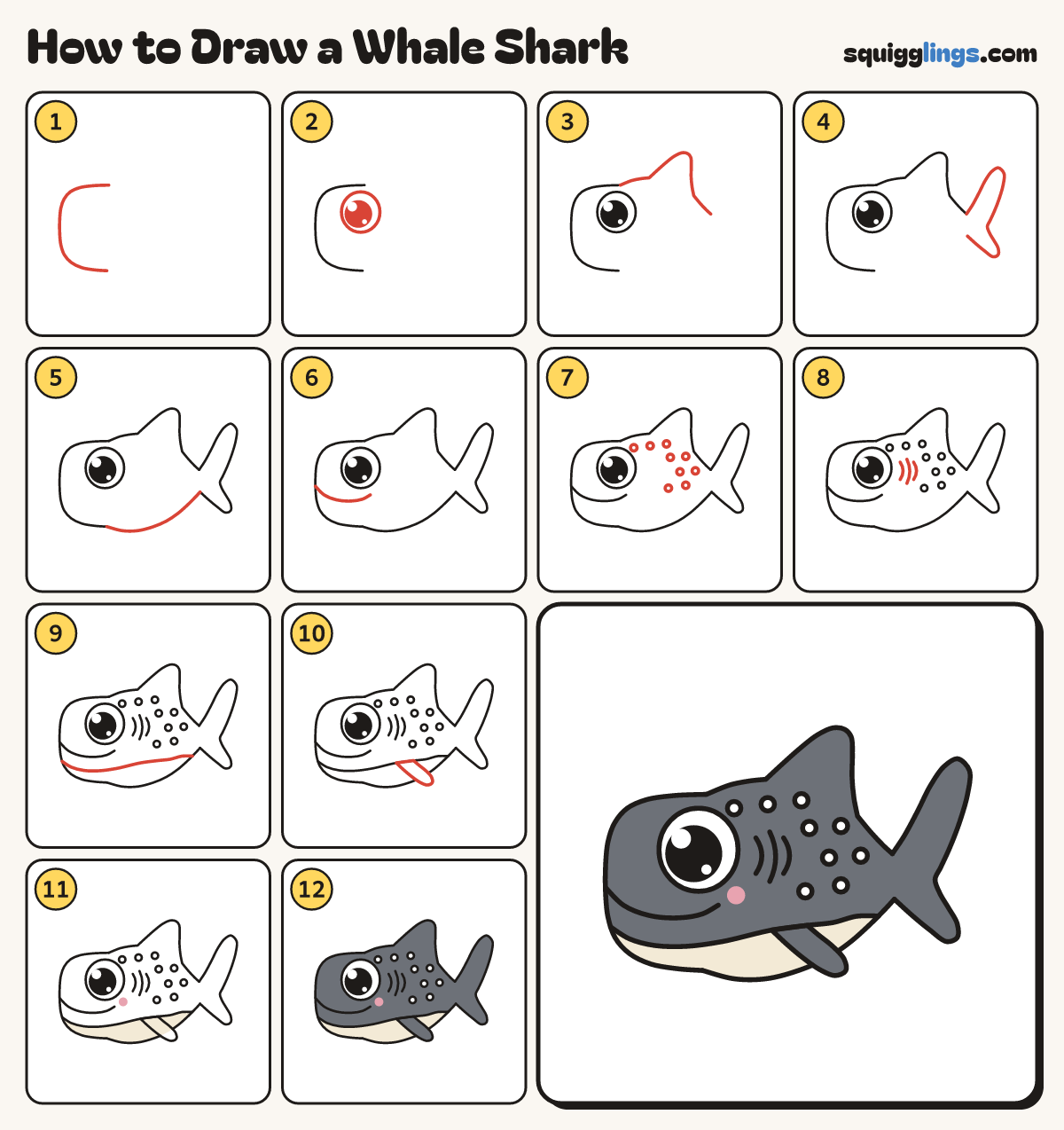 How to Draw a Whale Shark step by step: all 12 steps in one picture