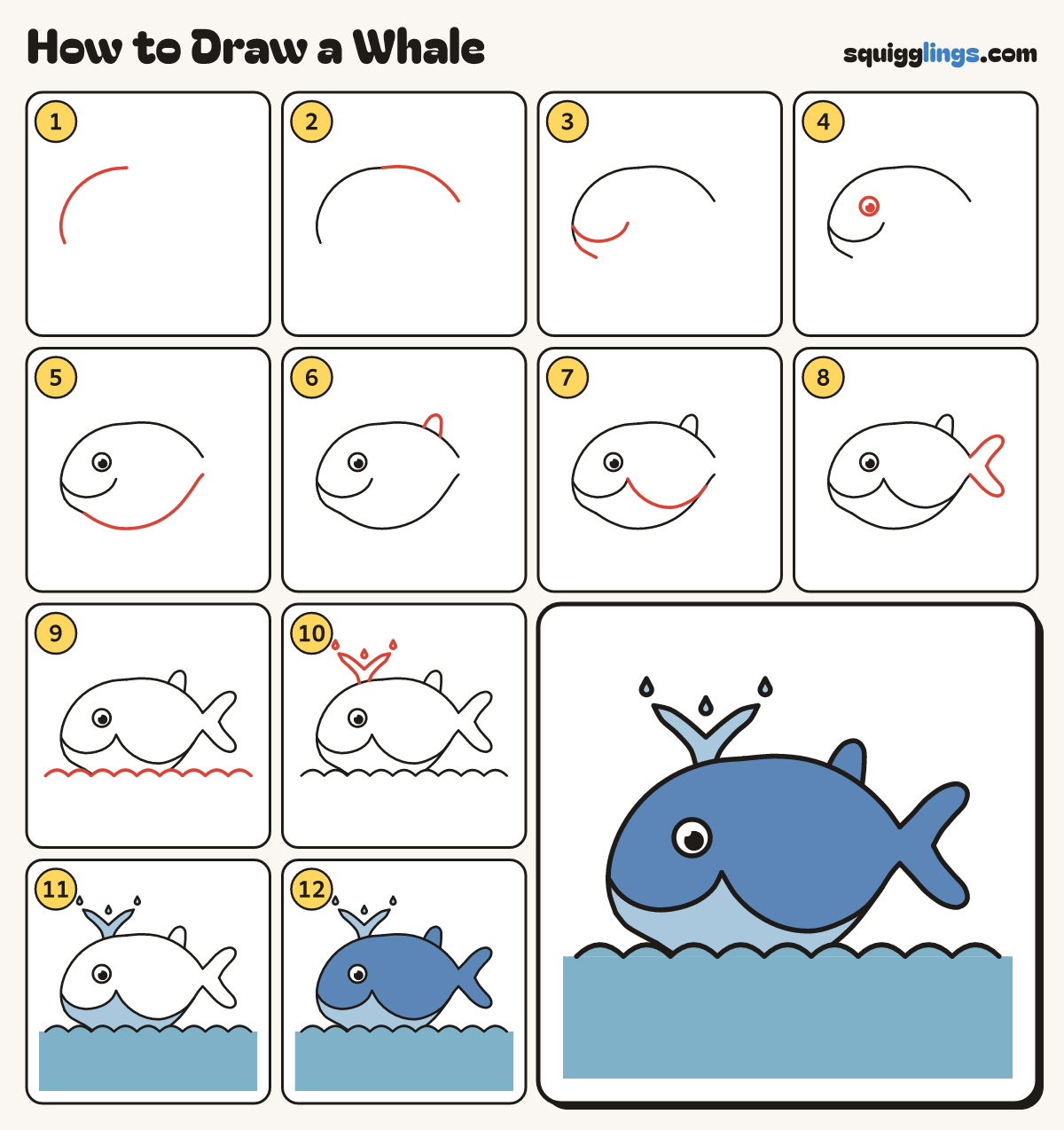 How to Draw a Whale step by step: all 12 steps in one picture