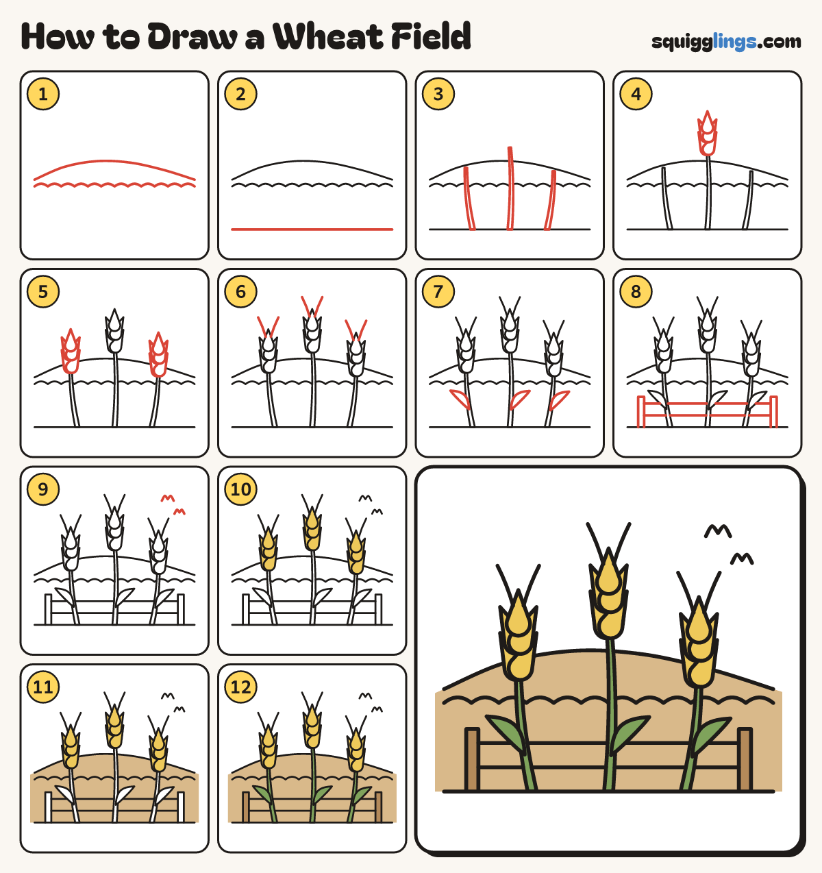 How to Draw a Wheat Field step by step: all 12 steps in one picture