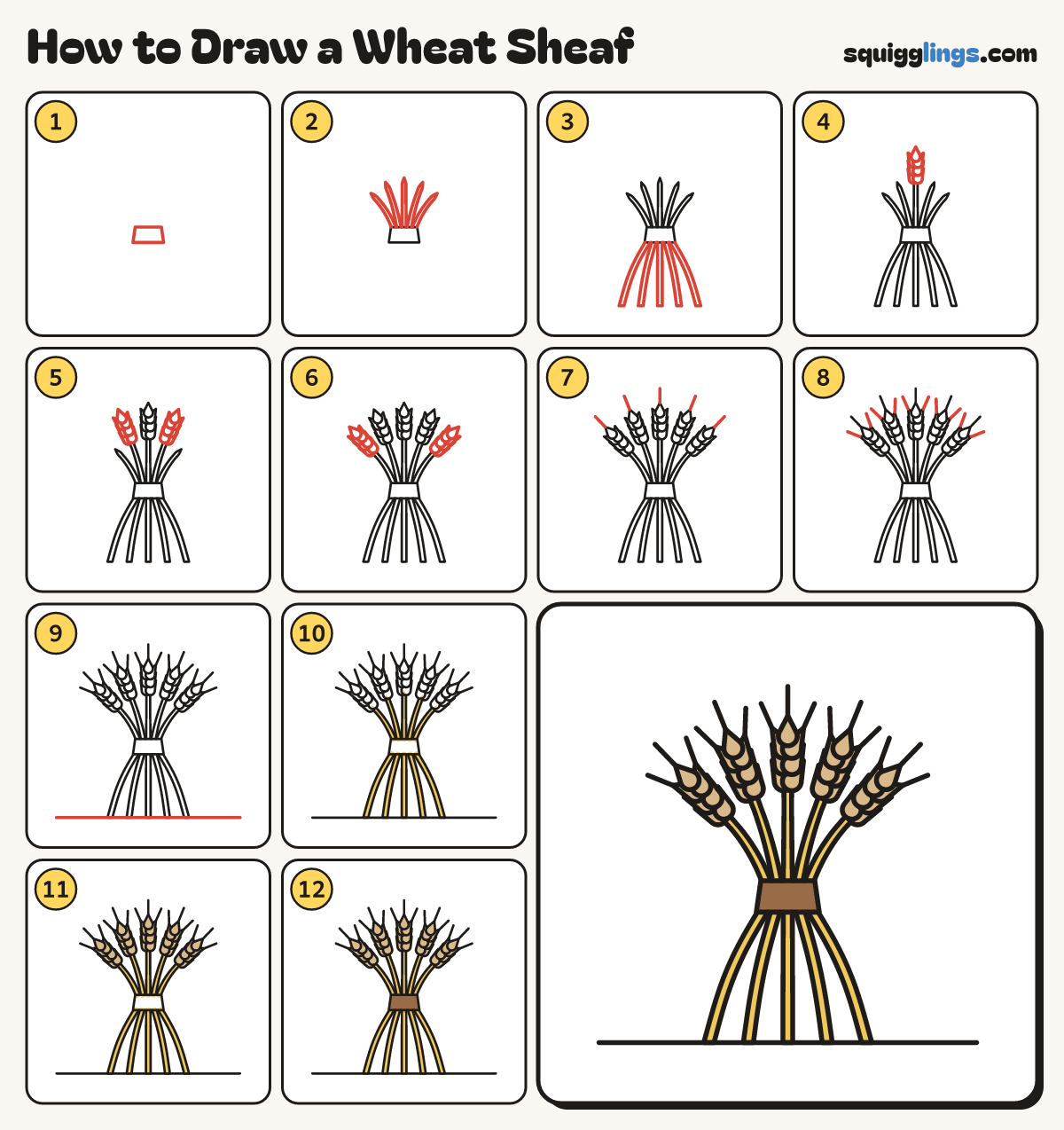 How to Draw a Wheat Sheaf step by step: all 12 steps in one picture