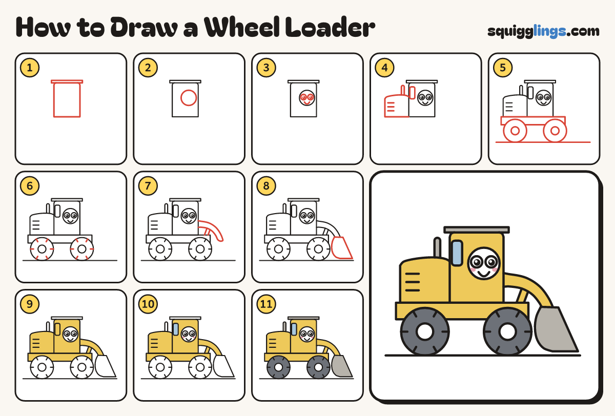 How to Draw a Wheel Loader step by step: all 11 steps in one picture