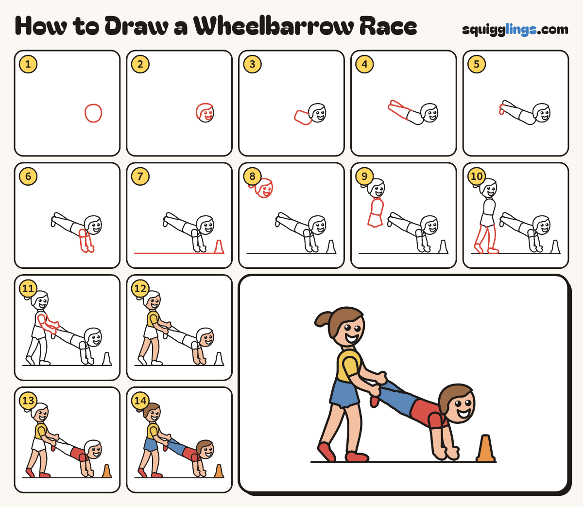 How to Draw a Wheelbarrow Race step by step: all 14 steps in one picture