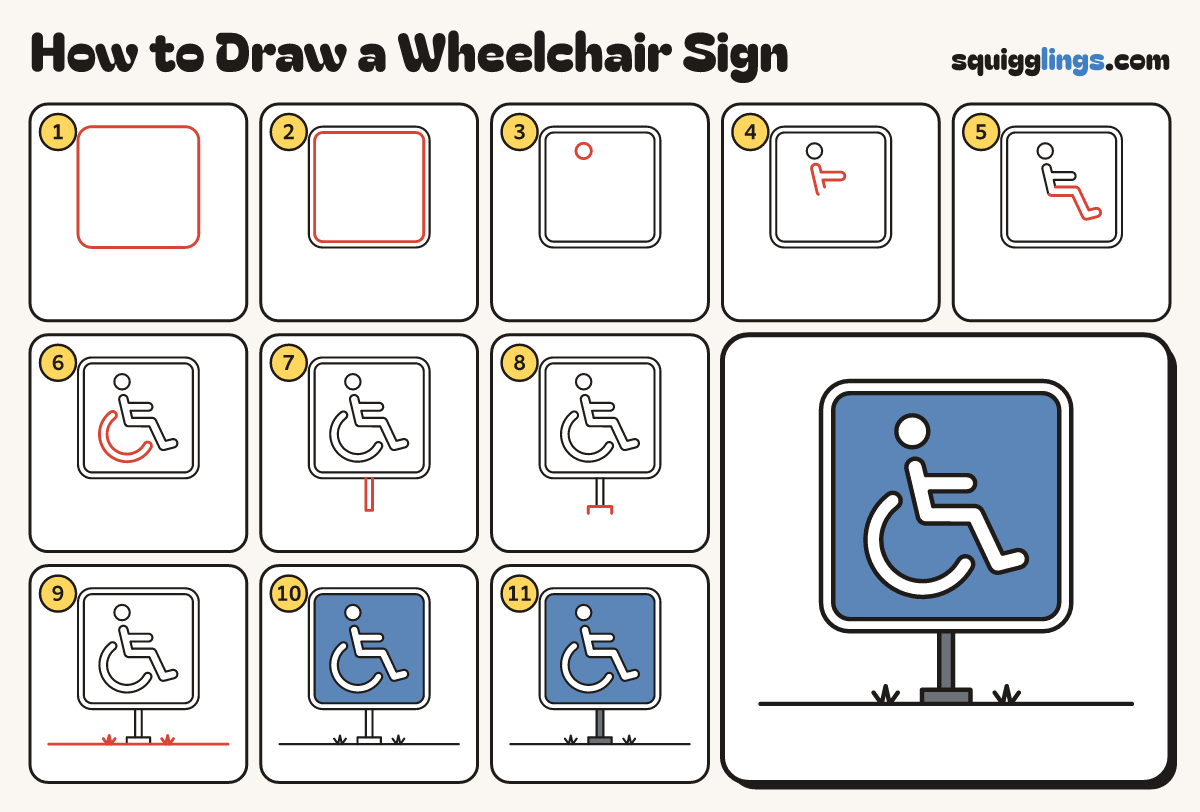 How to Draw a Wheelchair Sign step by step: all 11 steps in one picture