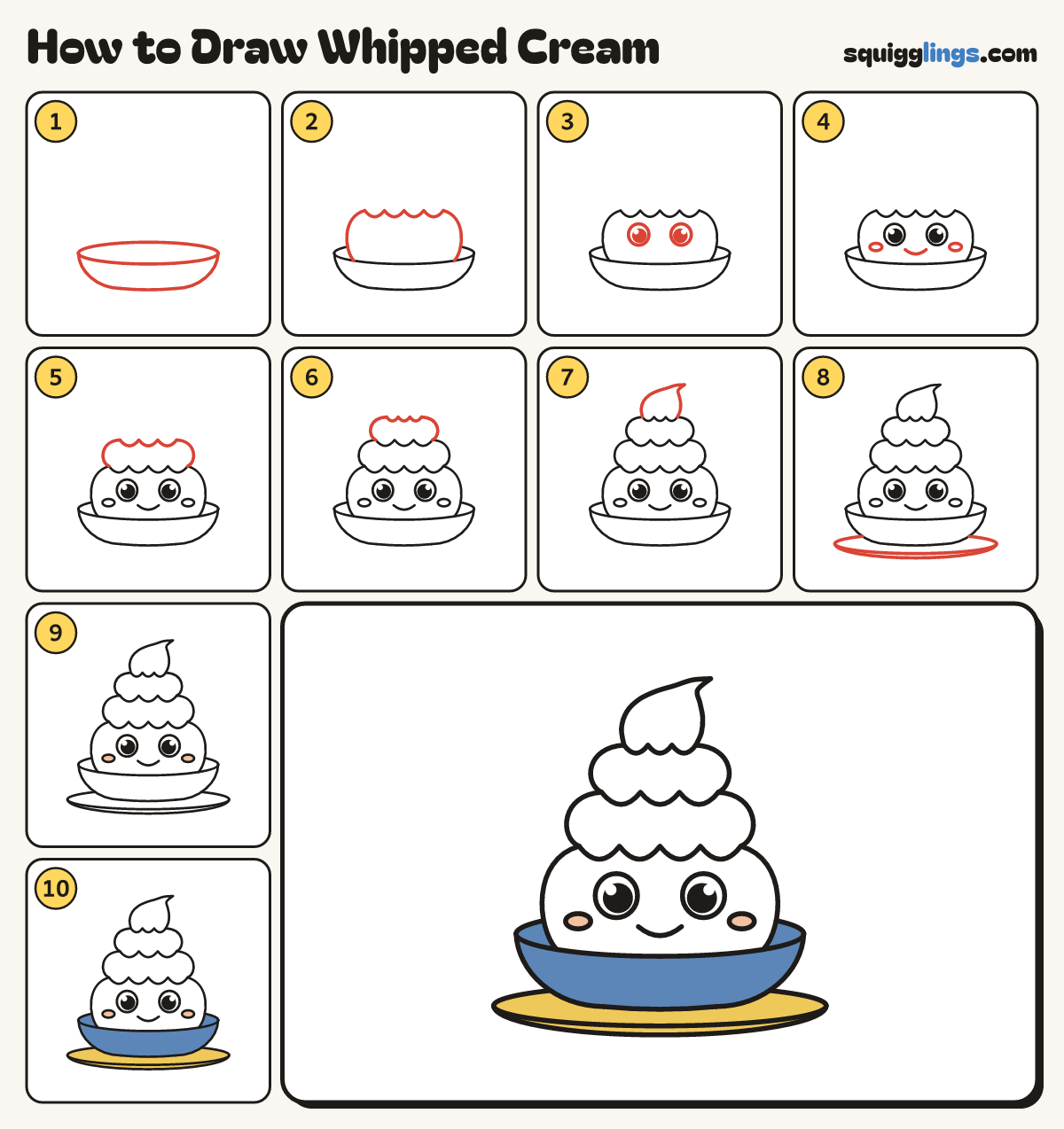 How to Draw Whipped Cream step by step: all 10 steps in one picture
