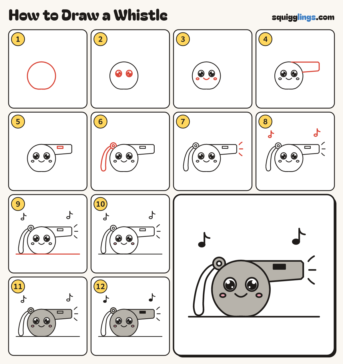 How to Draw a Whistle step by step: all 12 steps in one picture