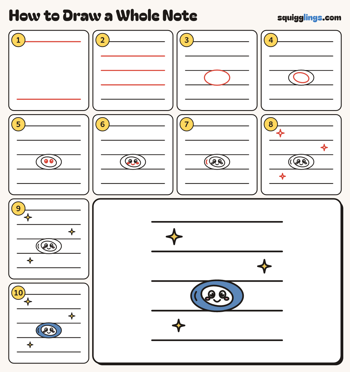 How to Draw a Whole Note step by step: all 10 steps in one picture